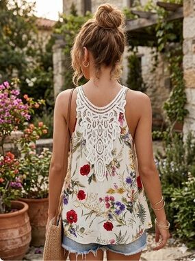 Anthropologie Akemi + Kin Floral Tank Top with Crochet Lace Size S